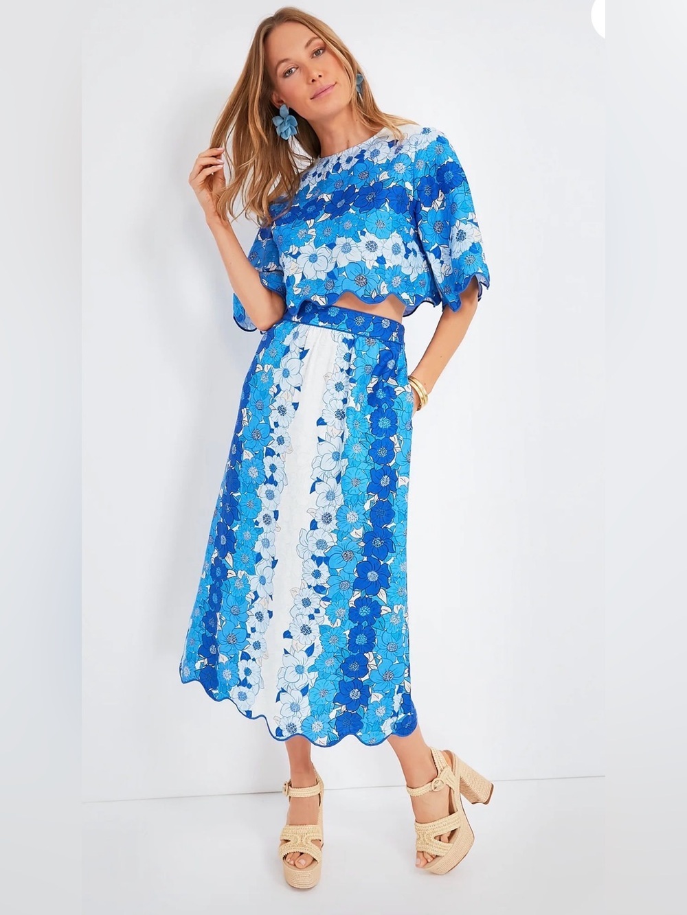 FARM Rio Set  Blue Flower Linen Blend Midi Skirt /Crop Top Set, M - Picture 4 of 16